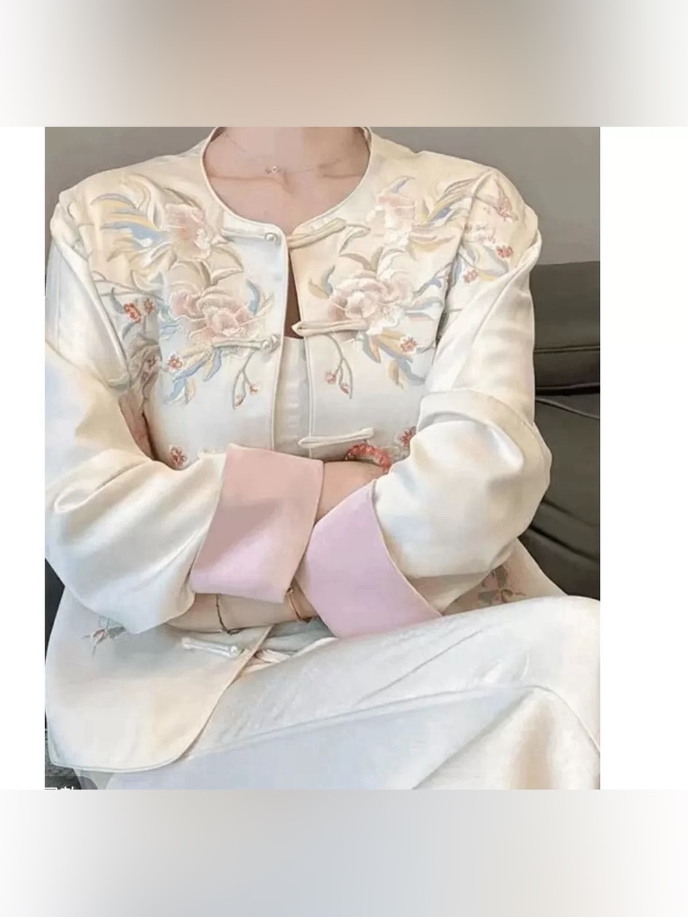 Cream Satin Embroidered Mandarin Jacket with Pink Cuffs